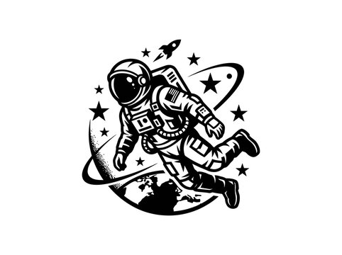 Astronomy  Space Exploration Black and White Vector Illustration - Astronaut, Earth, Rocket, Stars