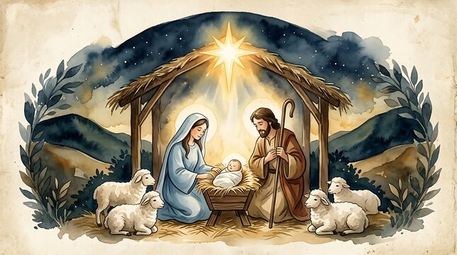 Watercolor nativity scene with baby jesus, mary, and joseph in a stable under the star of bethlehem surrounded by sheep and decorative foliage