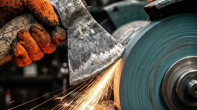 Sharpening an ax blade on a grinding wheel