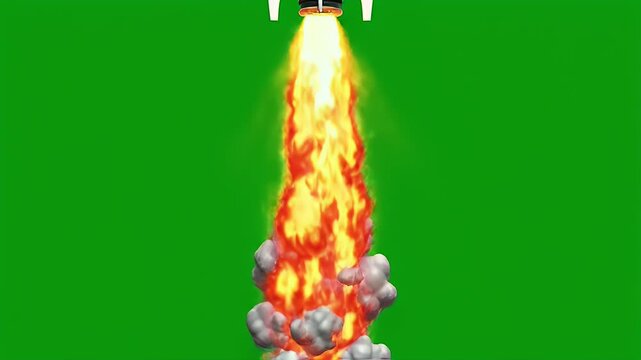 Rocket blasting off with fiery exhaust against a vibrant green background