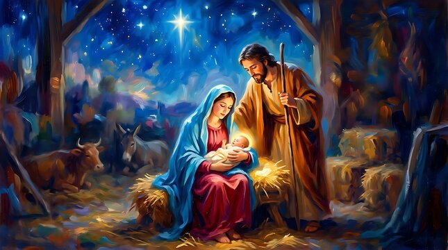 Nativity scene with baby jesus, mary, and joseph in a stable under a bright star, oil painting style illustration of the holy family at christmas