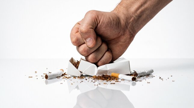 Hand smashing cigarette pack to show i quit