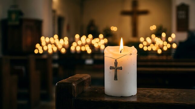 A single lit candle with a small metal cross hanging on it, placed on a wooden pew inside a dimly lit church with many other candles in the background
