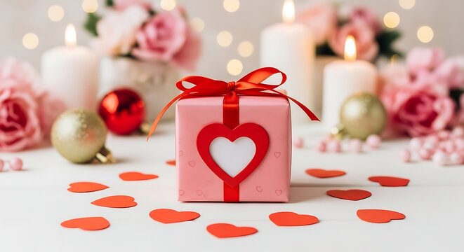 A romantic gift box wrapped in pink paper with a red ribbon and heartshaped cutout, surrounded by scattered red paper hearts and festive candles