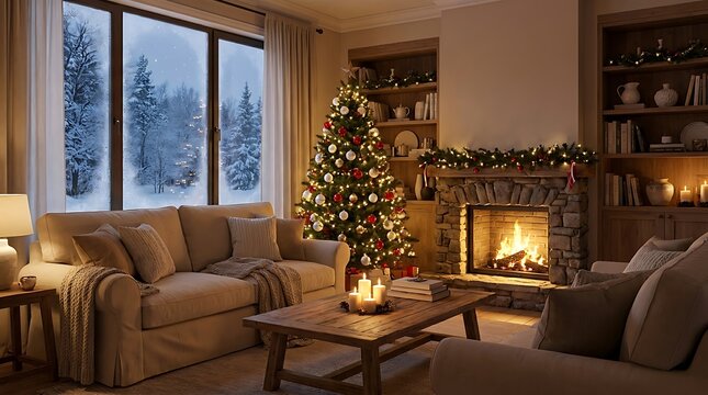 Cozy living room interior with a decorated christmas tree, a warm fireplace, and a snowy winter landscape visible through the large window