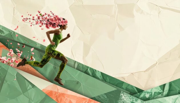 Dynamic Surreal Person Carries Flower Bouquet Across Geometric Landscape.