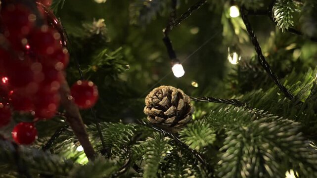 Festive Christmas Tree with Twinkling Lights, candy canes and Holiday Decorations. 4K