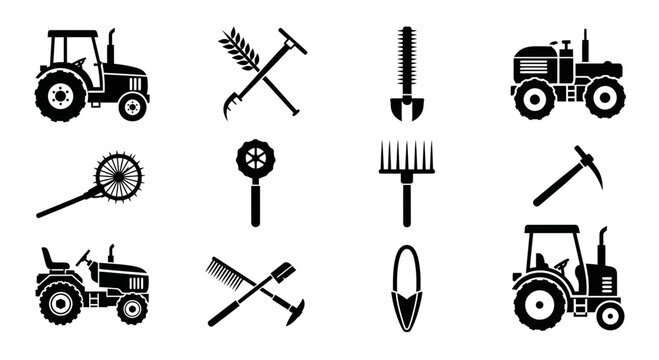 Agricultural tools with black silhouettes farming equipment vehicles white background agriculture wheelbarrow pitchfork tractor pickaxe with shovel