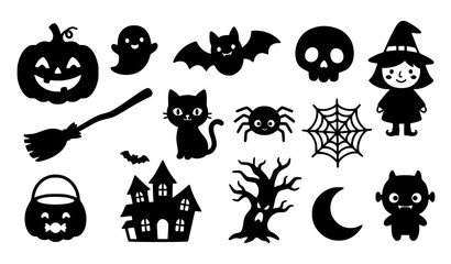 Fototapeta premium Cute Halloween Character Silhouette Icons Pumpkin Ghost Bat Witch Vector Set