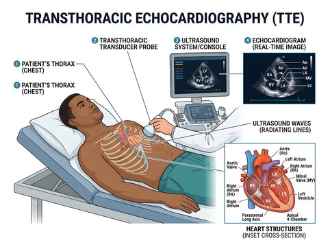 Transthoracic echocardiography medical procedure illustration isolated on white background