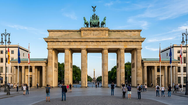 The brandenburg gate in berlin, germany, featuring the quadriga statue and tourists in the square