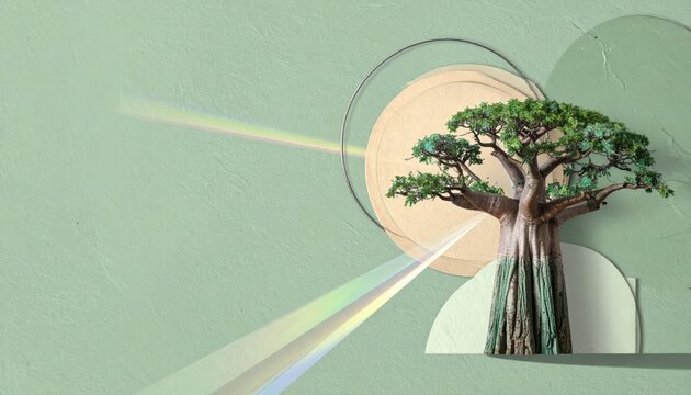 Surreal Tree Inside a Glass Vessel Under Green Light.