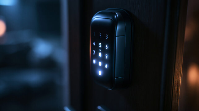 Digital Smart Lock with Illuminated Keypad on Wooden Door