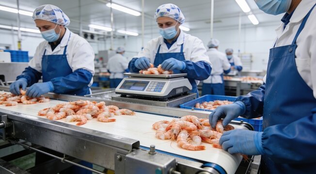 Workers wearing protective clothing weighing peeled shrimp on stainless steel scales during seafood processing operations.