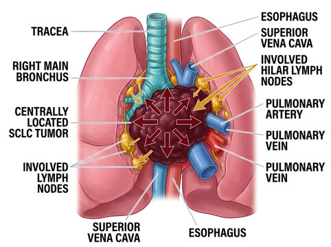 Anatomical diagram of centrally located sclc tumor in lungs isolated on white background