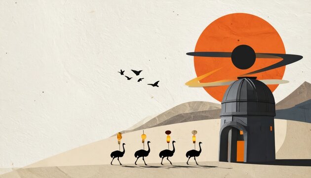 Desert Sunrise Scene with Camels and Ancient Structure.