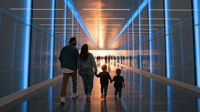 Family Walking Hand in Hand Through Modern Futuristic Corridor