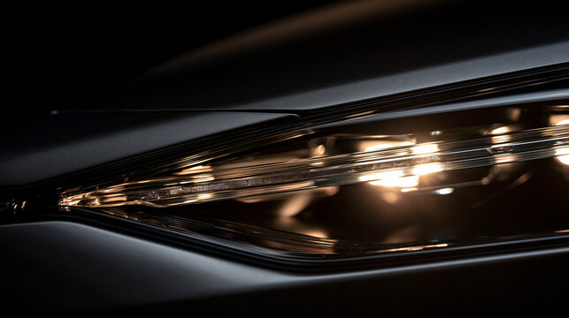 Sleek Luxury Car Headlight Detail Illuminated in Dark