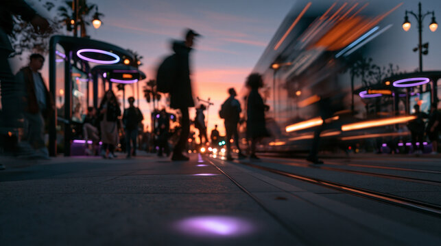 Urban Commuters at Public Transit Station During Evening Sunset