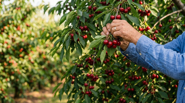 Hands picking ripe red cherries from a tree in an orchard, close up, sunlight
