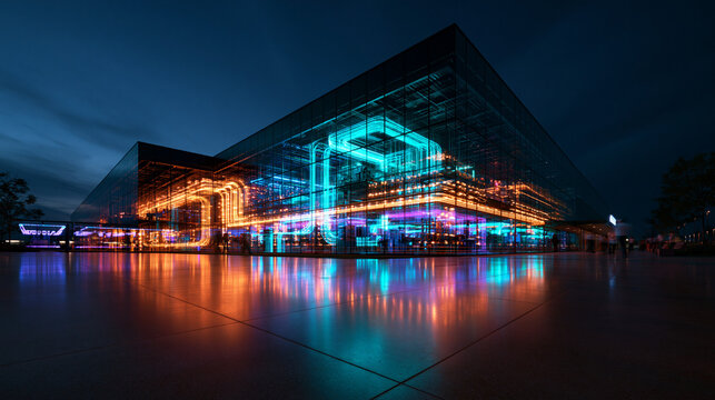 Futuristic Glass Building Illuminated with Glowing Digital Circuit Lights at Night