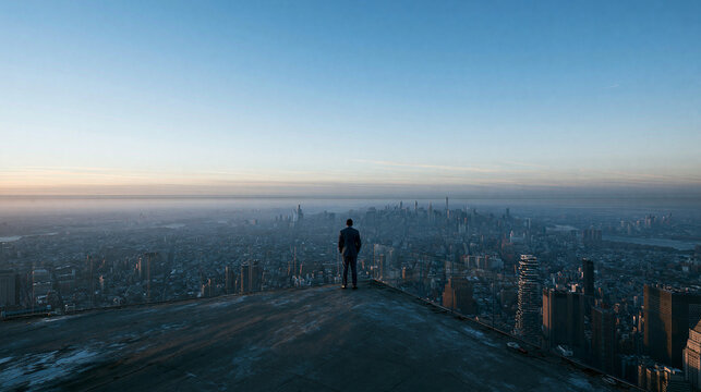 Businessman Standing on Rooftop Overlooking City Skyline at Dawn