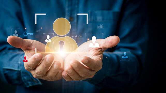 Concept of human resources management, talent acquisition and customer relationship management with digital icons in hands