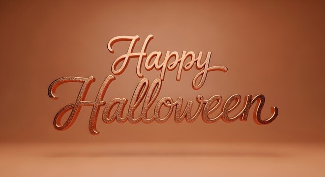 Happy halloween 3d text in elegant metallic copper script font on a solid warm brown background