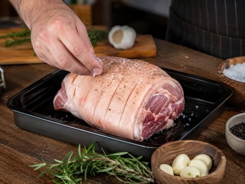 Eine Hand w&uuml;rzt rohen Schweinebraten mit grobem Salz und Pfeffer in der Backform. Authentische Zubereitung deutscher Hausmannskost mit Rosmarin, Knoblauch und Kr&auml;utern.