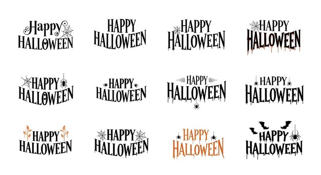 Set of 12 happy halloween text designs with spiders, webs, and bats, decorative holiday typography for greeting cards and posters