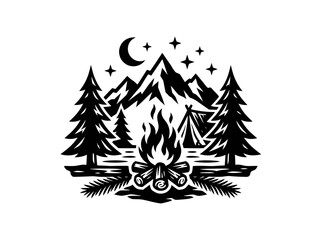 Fototapeta premium Outdoor Camping Adventure Silhouette Glyph Icon: Campfire, Mountains, Tent, and Forest at Night