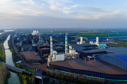 Aerial view of steel plant with blast furnaces and smoke stacks