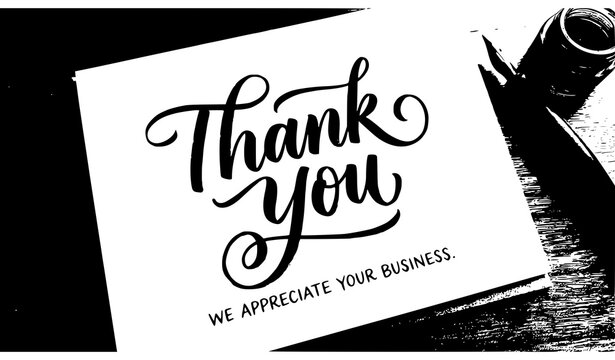 Black and white thank you card with elegant calligraphy lettering and we appreciate your business text message