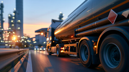 Naklejka premium Tanker truck driving along a road, transporting chemicals to an industrial refinery plant at sunset, energy infrastructure concept, with copy space
