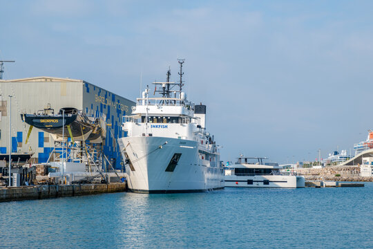 Inkfish Research Vessel Moored At Barcelona Nautic Center, Port, Racing Yacht On Dry Dock, Waterfront