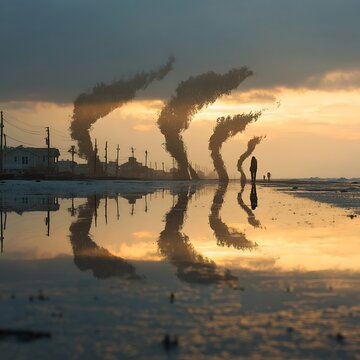 Sunset beach scene with distorted reflections creating swirling smoke-like shapes above the water, featuring a lone person walking near the shore.