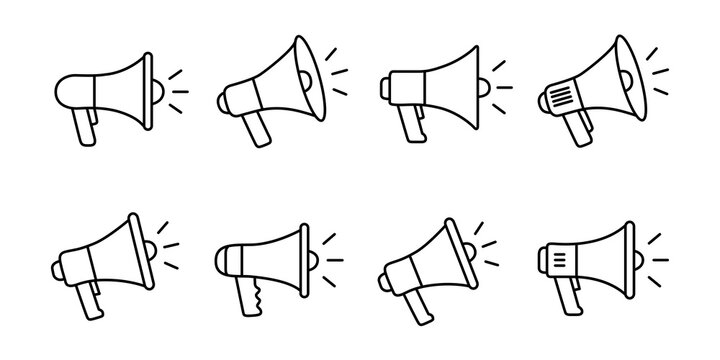 Collection of linear megaphone icons with sound waves on a white background