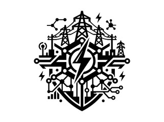 Obraz premium Black White Electric Power and Technology Icon with Lightning Bolt and Grid
