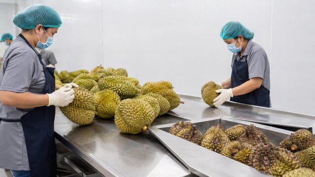Fresh Durians Sorted and Graded in a Modern Packing House