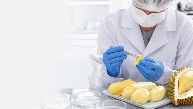 Food Quality Technician Inspecting Durian Pulp in a Laboratory