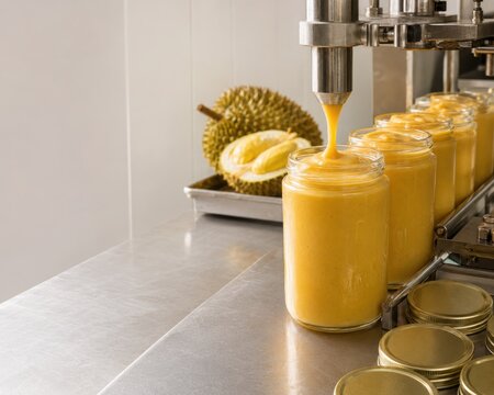 Durian Puree Filled into Plain Glass Jars on a Processing Line