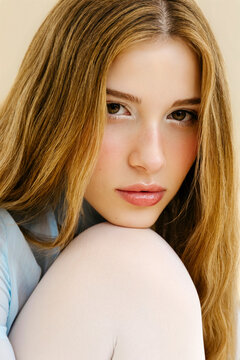 Woman with long blonde hair portrait
