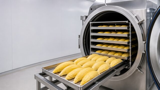 Durian Slices Entering a Modern Freeze-Drying Chamber