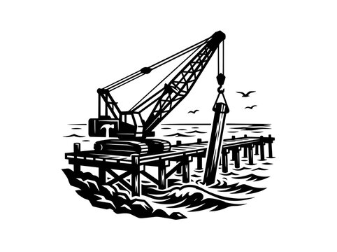 Black and White Retro Woodcut Illustration of Marine Construction Crane on Pier Driving Pile