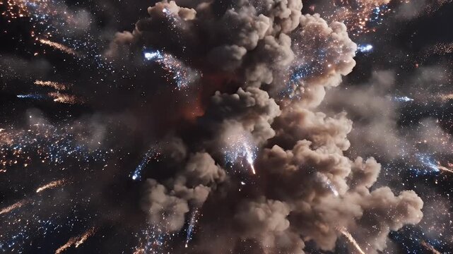Intense explosion erupts with fiery debris and dark smoke against black
