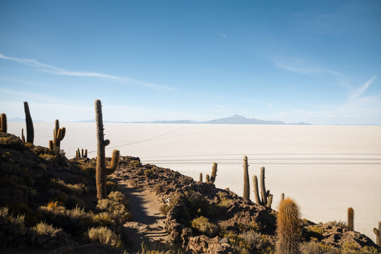 Hiker descending a rocky path overlooking the Uyuni Salt Flats
