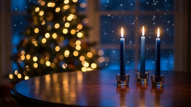 Three blue candles burning on a wooden table with a blurred christmas tree and falling snow in the background, creating a cozy holiday atmosphere