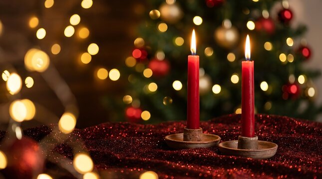 Two red christmas candles burning on a sparkling red tablecloth with a blurred christmas tree in the background