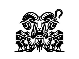 Fototapeta premium Livestock Farming Ram and Sheep Glyph Emblem with Shepherd's Crook, Mountain Landscape - Black White Graphic
