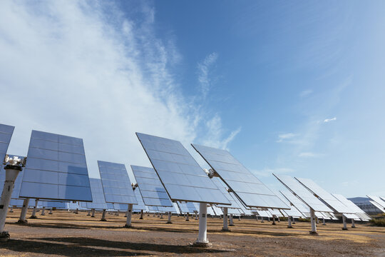 Solar panels tracking sun creating clean renewable energy